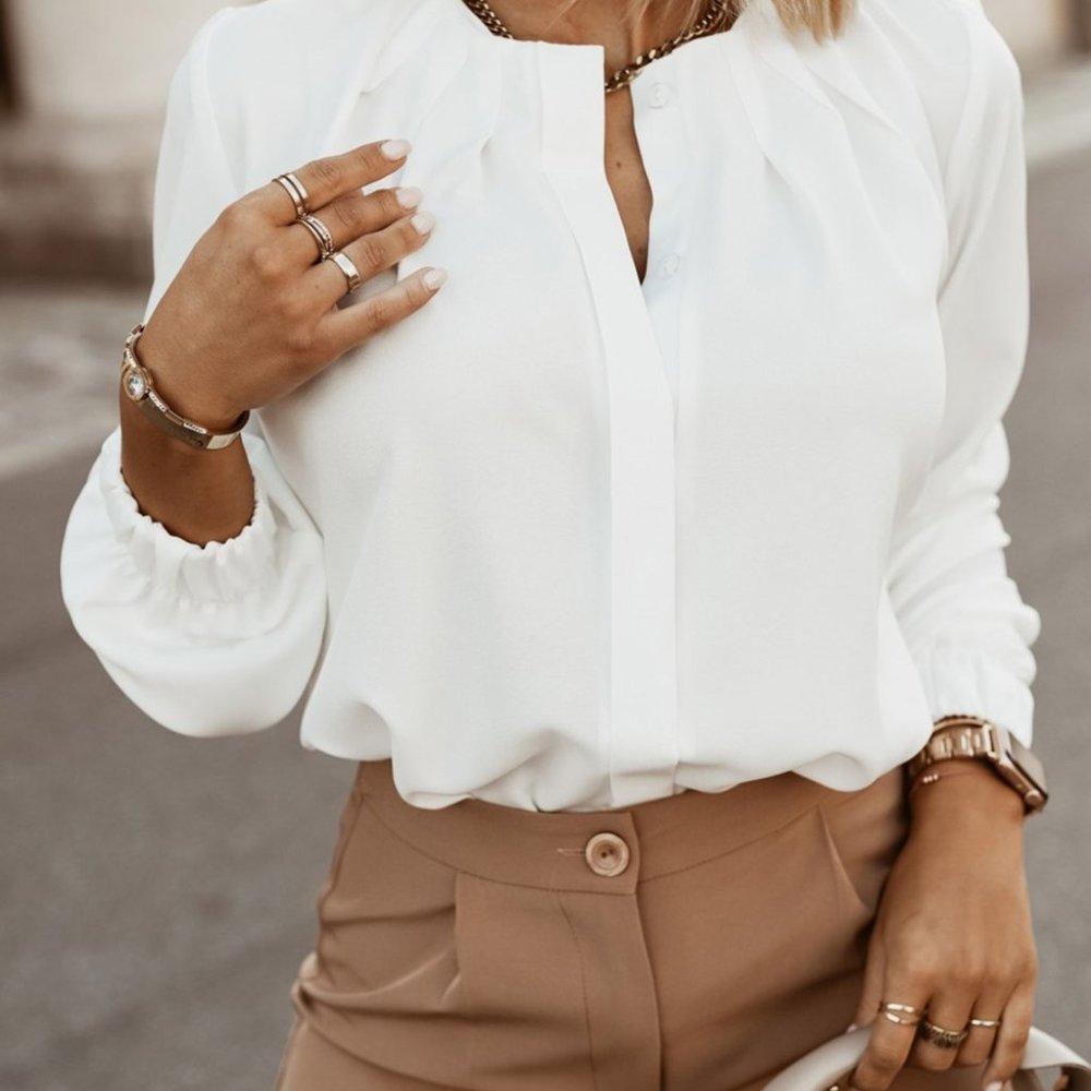 White Crew Neck Gathered Stretch Cuff Shirt - Picture 4 of 9